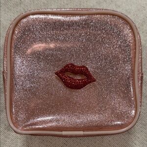 Glittery Pink Makeup Bag with Red Lip Design